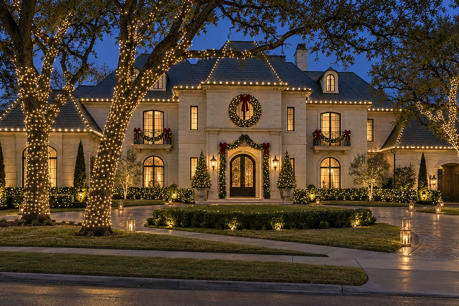 Estate home with light-wrapped oak trees, wreaths and warm-white rooflines