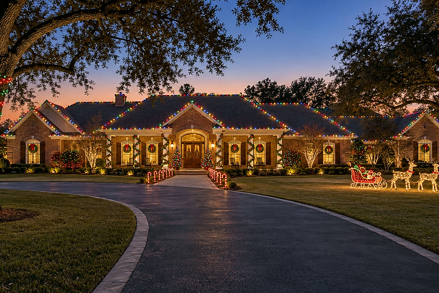 Brick home with multicolor roofline lights, wrapped trees and a lit sleigh at dusk