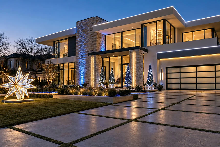 Modern home outlined in roofline lights with a giant illuminated star on the lawn