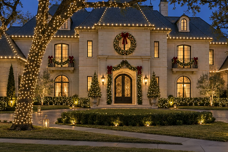Christmas lighting display with light-wrapped trees and wreaths