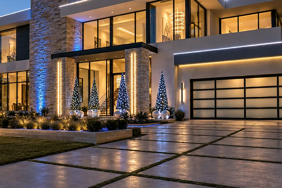 Modern home with Christmas roofline lights and lit entry trees