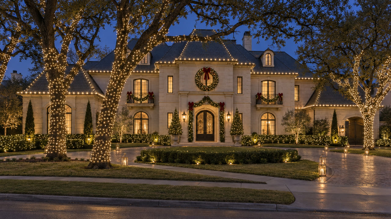 Estate home with warm-white rooflines, light-wrapped oak trees, wreaths and garland