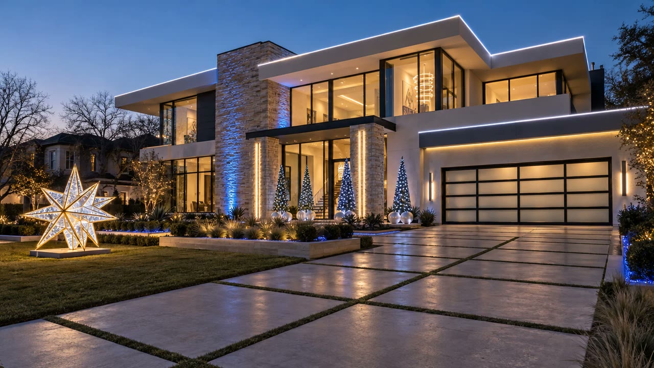 Modern home outlined in cool-white roofline lights with lit trees at the entry and a giant illuminated star on the lawn