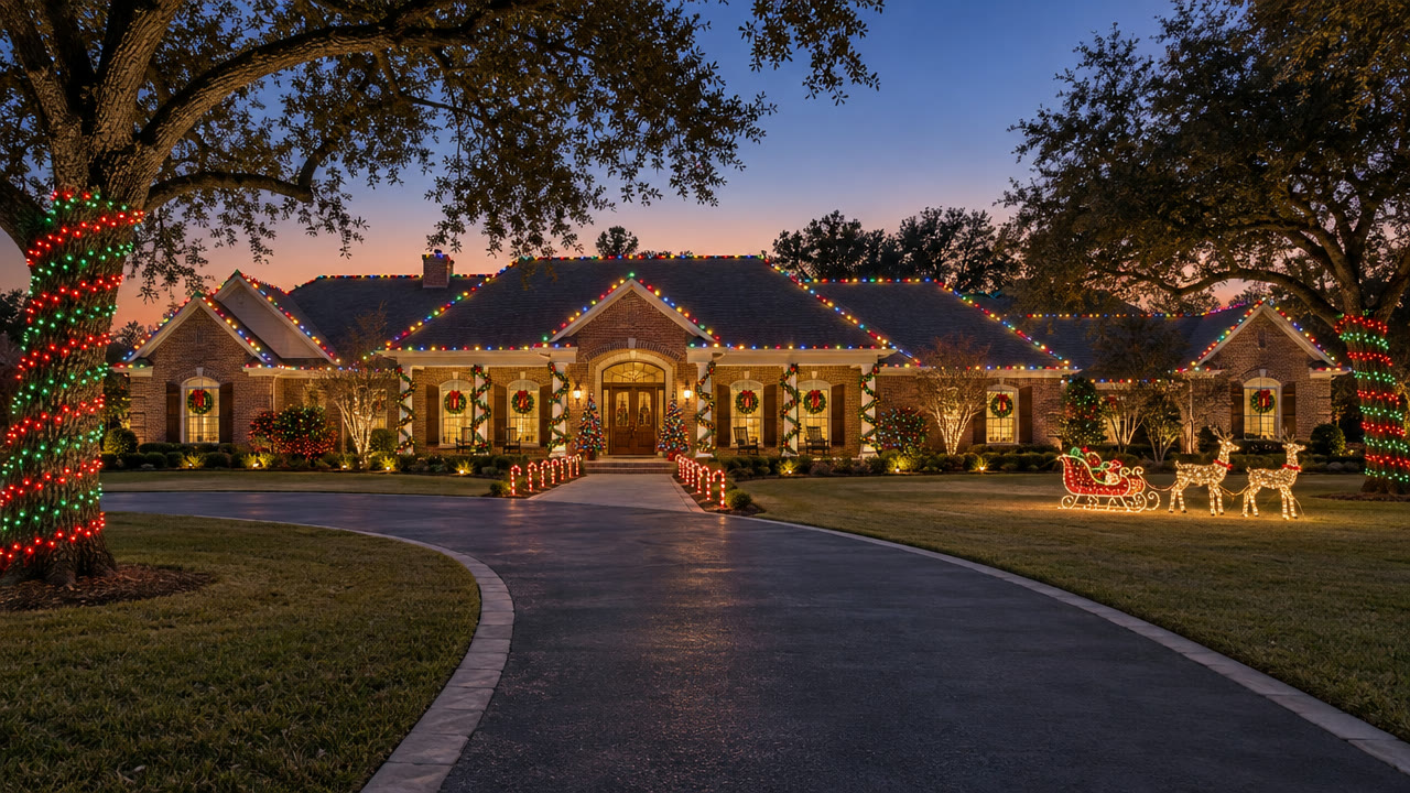 Brick ranch home with multicolor roofline lights, wrapped tree trunks, candy-cane path lights and a lit sleigh with reindeer